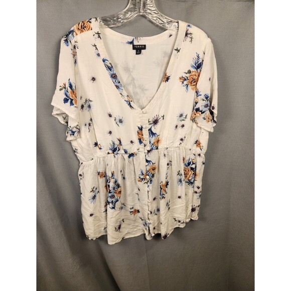 Torrid Womens Babydoll Challis Button Front Top Size 2 Floral Short Sleeve - Picture 1 of 6